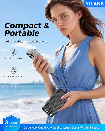 YILANS Portable Charger 50000mAh, 22.5W Power Bank with Built-in 4 Cables
