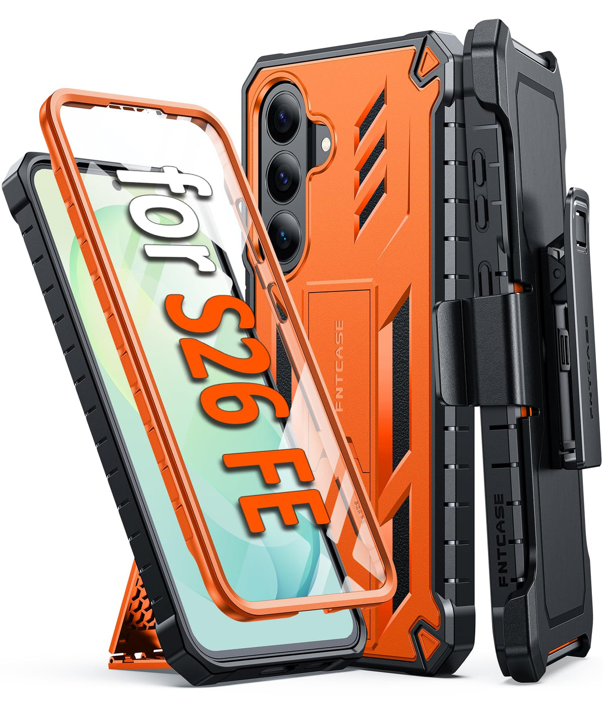 FNTCASE for Samsung Galaxy S25-FE Case with Belt Clip and Kickstand Black
