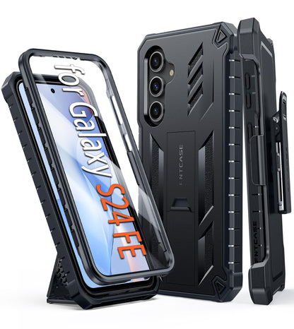 FNTCASE for Samsung Galaxy S25-FE Case with Belt Clip and Kickstand Black