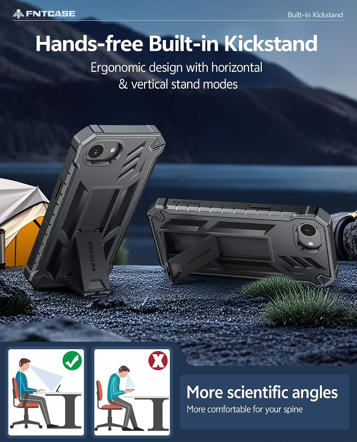FNTCASE for iPhone 17e Case with Built-in Screen Protector and Kickstand