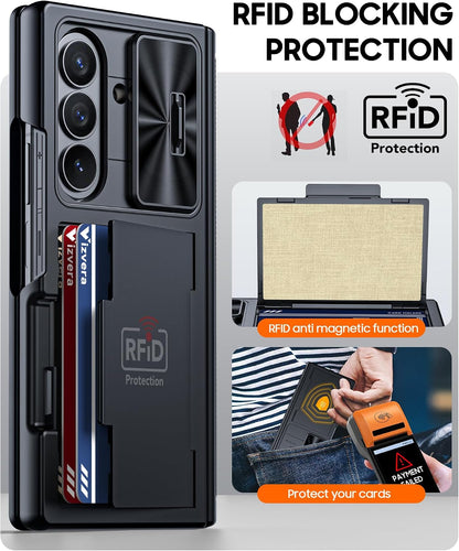 Vizvera for Samsung Galaxy Z Fold 7 Case RFID Wallet with Cards Holder [Hinge Cover] [Camera Cover] Shockproof Silicone Protective Phone Case for Z Fold 7 2025-Black