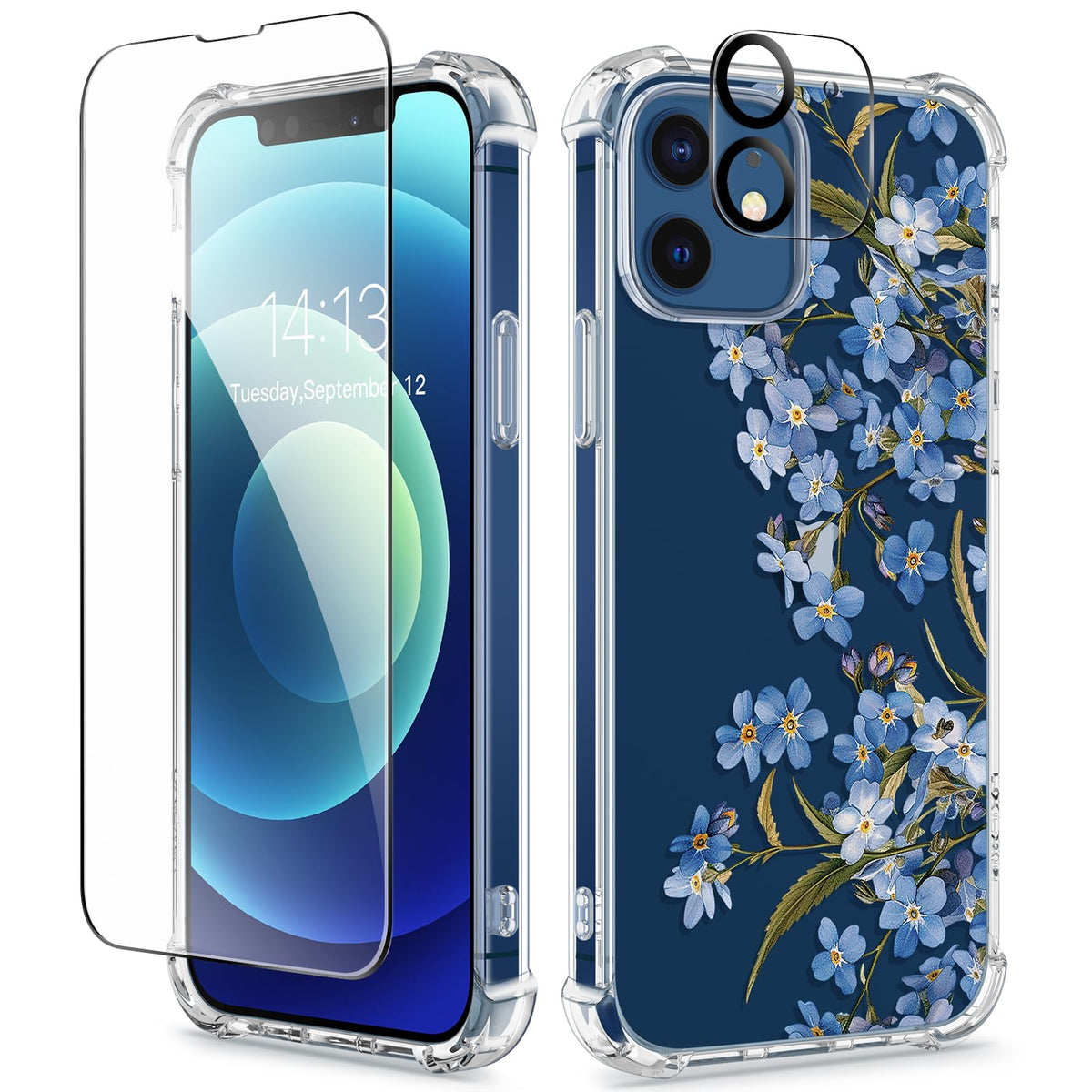 GVIEWIN for iPhone 14 Case Floral, Screen Protector & Camera Lens Protector