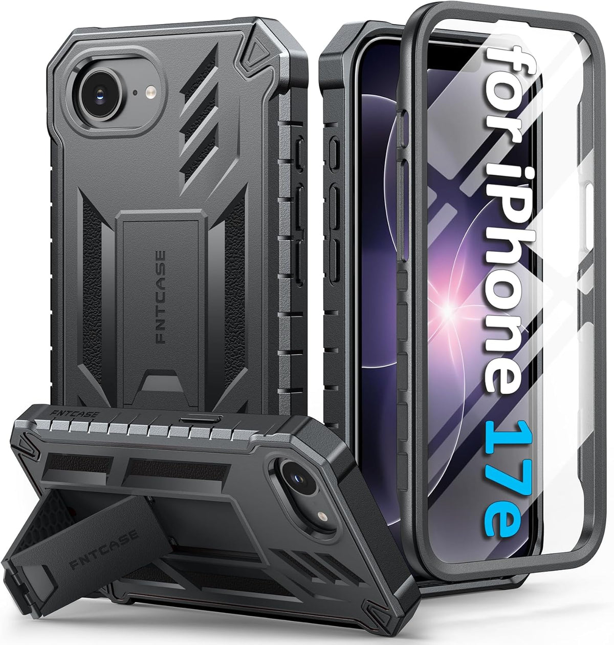FNTCASE for iPhone 17e Case with Built-in Screen Protector and Kickstand