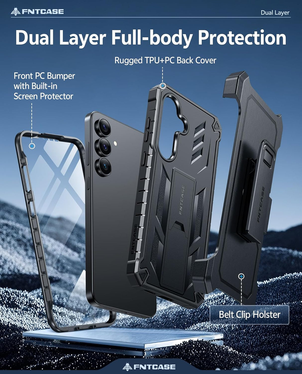 FNTCASE for Samsung Galaxy S25-FE Case with Belt Clip and Kickstand Black