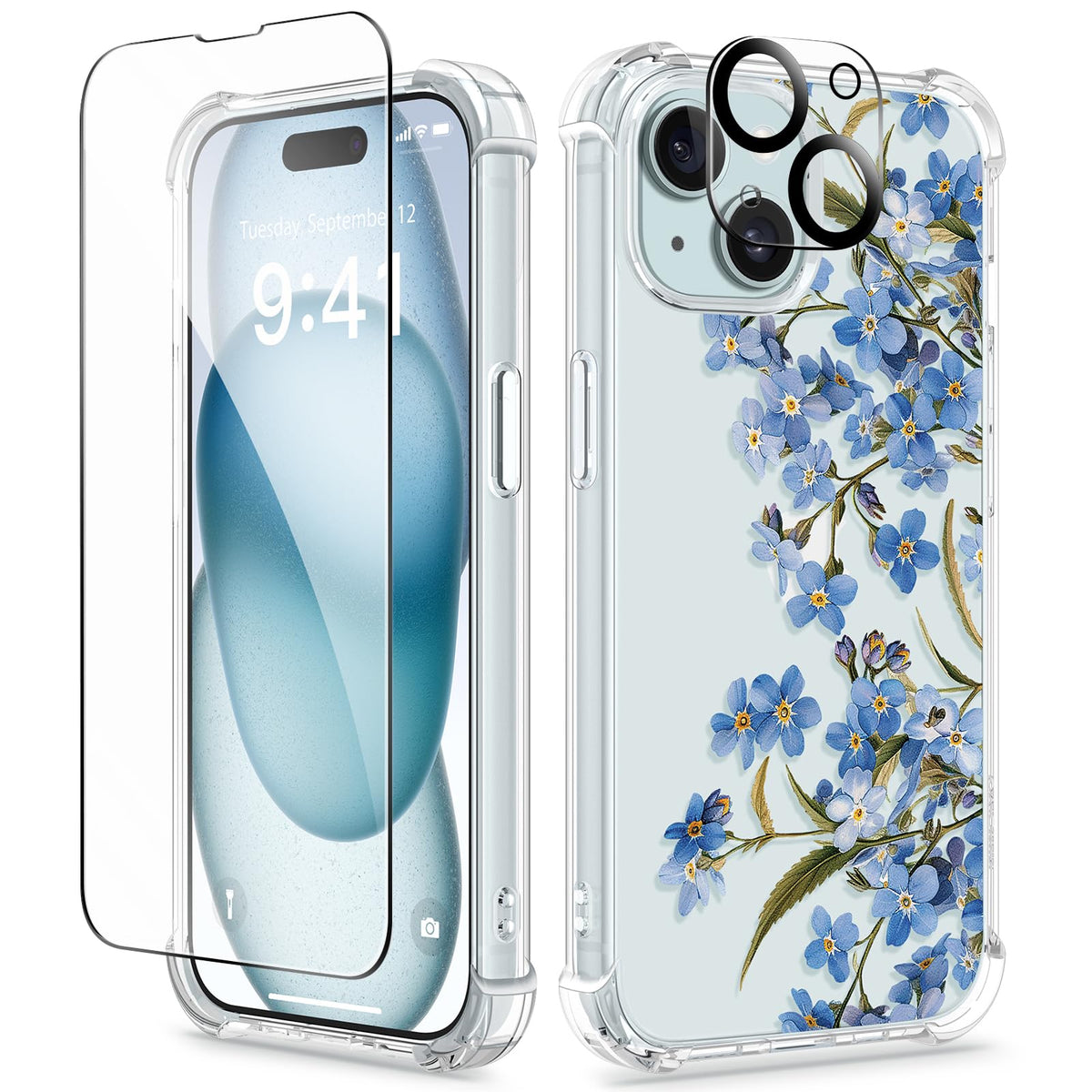 GVIEWIN for iPhone 14 Case Floral, Screen Protector & Camera Lens Protector