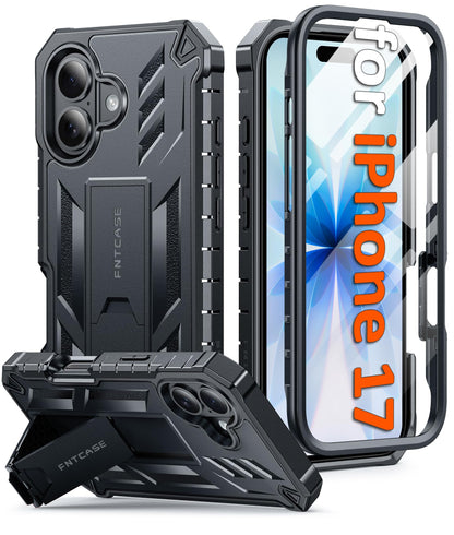 FNTCASE for iPhone 17e Case with Built-in Screen Protector and Kickstand