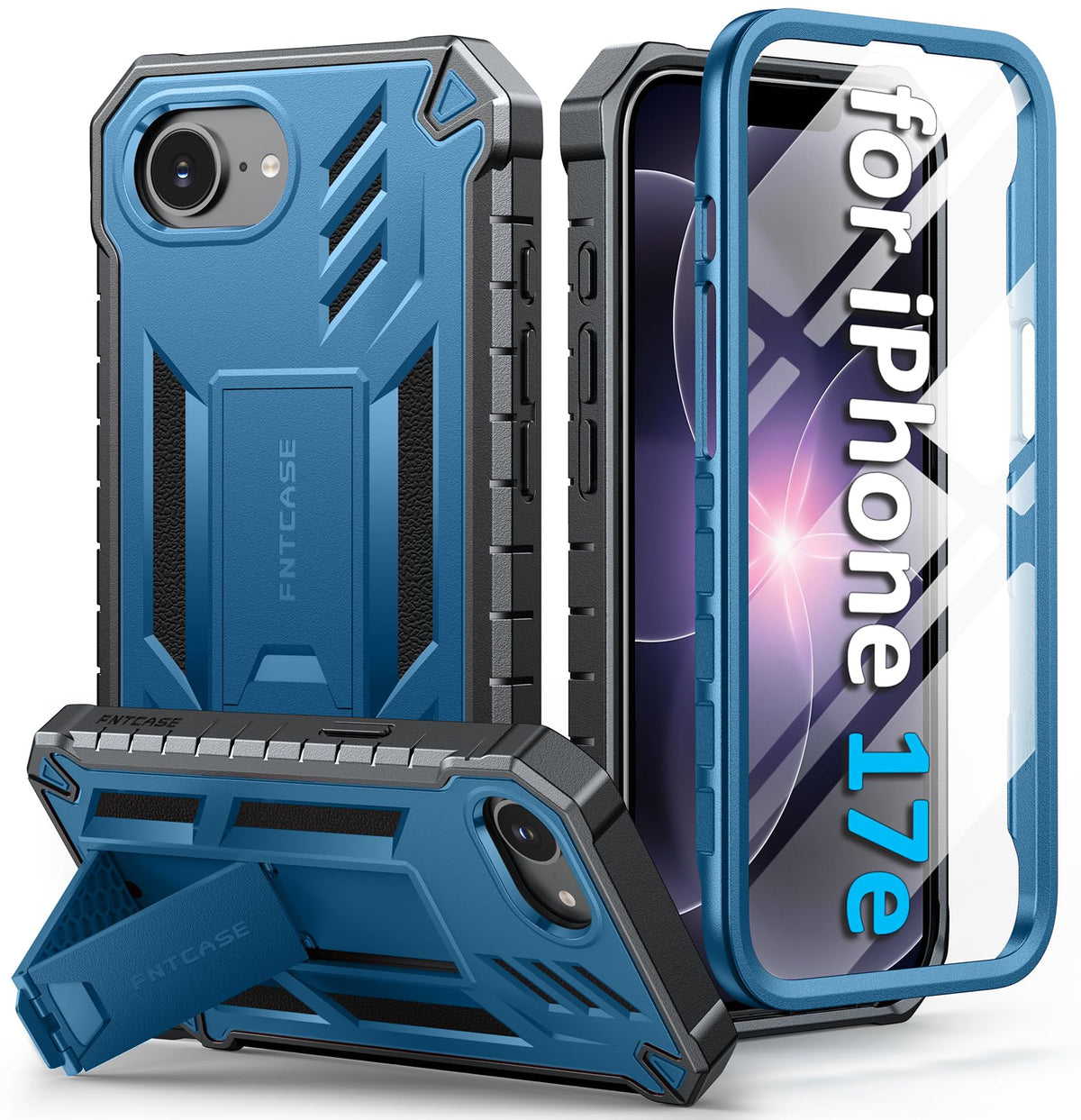 FNTCASE for iPhone 17e Case with Built-in Screen Protector and Kickstand