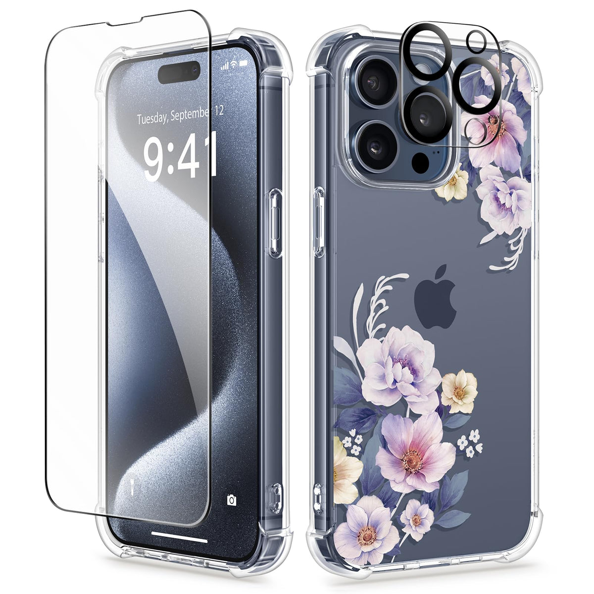GVIEWIN for iPhone 14 Case Floral, Screen Protector & Camera Lens Protector