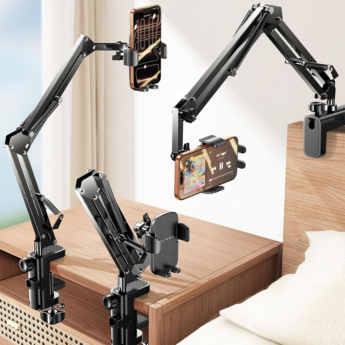 LISEN Cell Phone Holder for Bed Desk, Overhead Phone Mount iPhone Recording