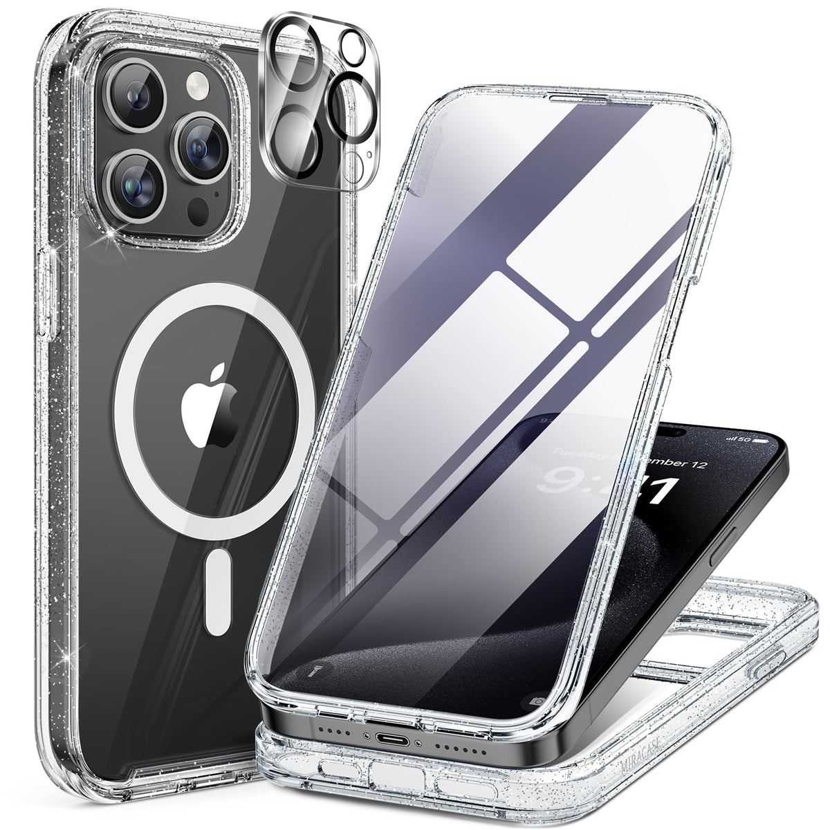 Miracase Magnetic for iPhone 15 Pro Max Case 6.7'' [Compatible with Magsafe] Full-Body Drop Proof Bumper Phone Case for iPhone 15 Pro Max with Built-in 9H Tempered Glass Screen Protector,Black