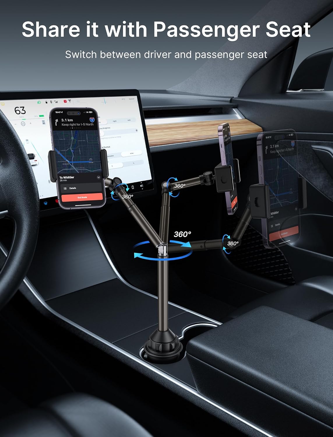JSAUX Car Cup Holder Phone Mount, Metal Long Arm, Adjustable Base