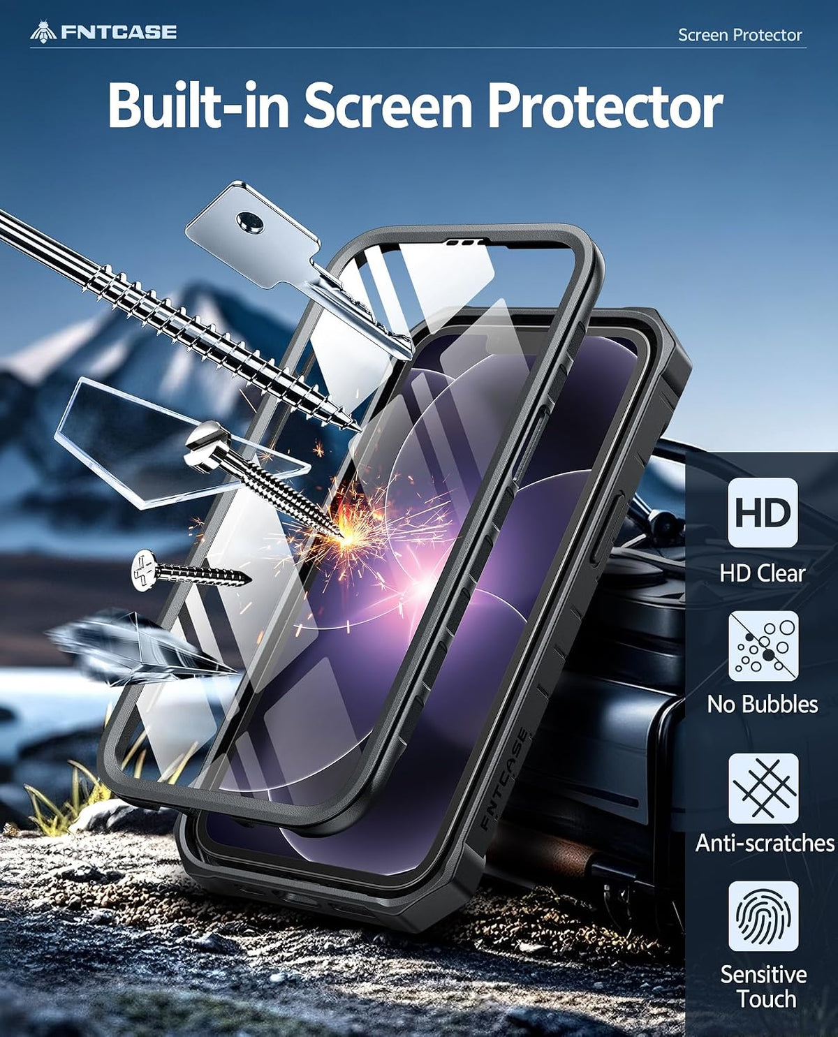 FNTCASE for iPhone 17e Case with Built-in Screen Protector and Kickstand