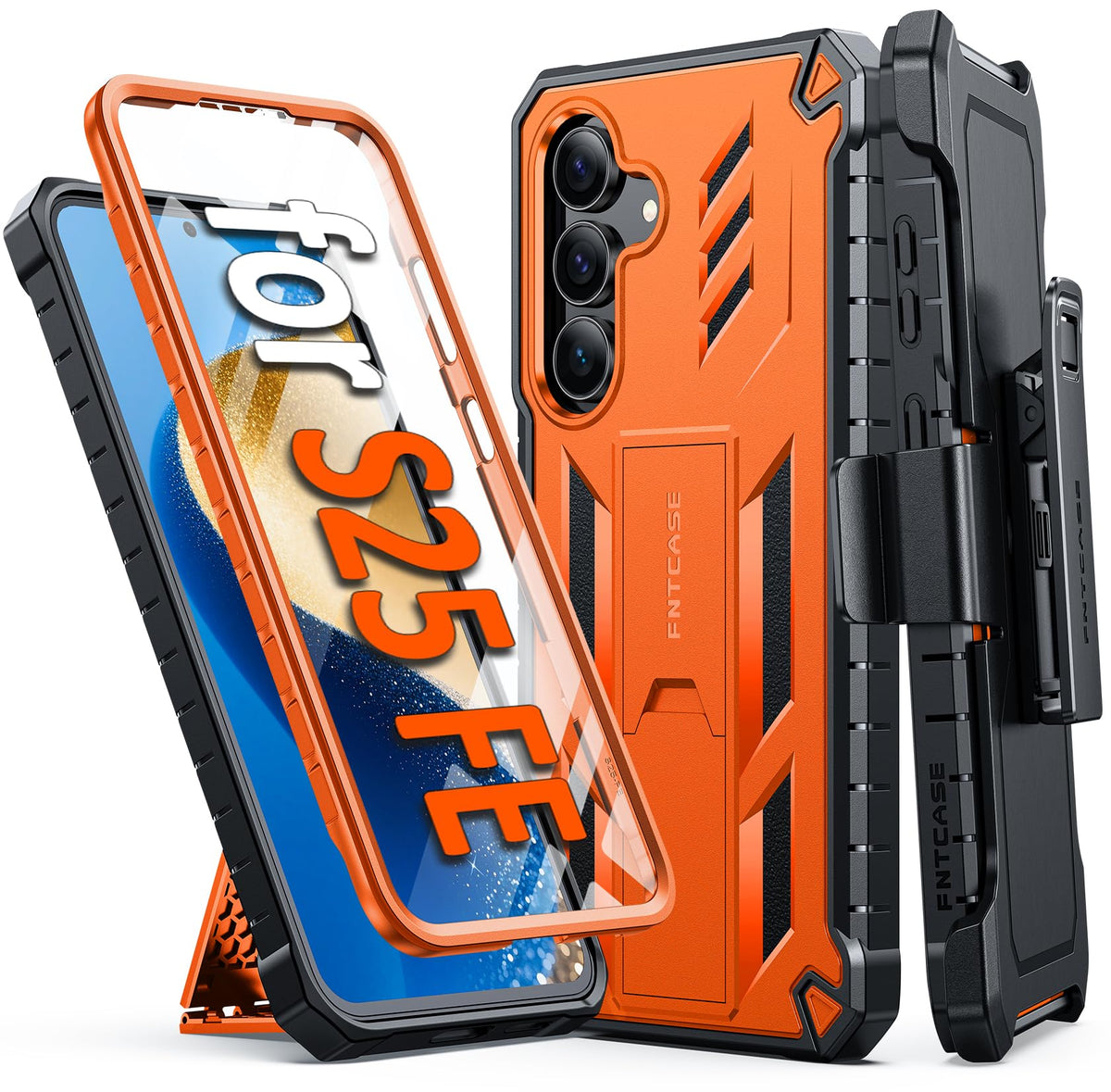 FNTCASE for Samsung Galaxy S25-FE Case with Belt Clip and Kickstand Black