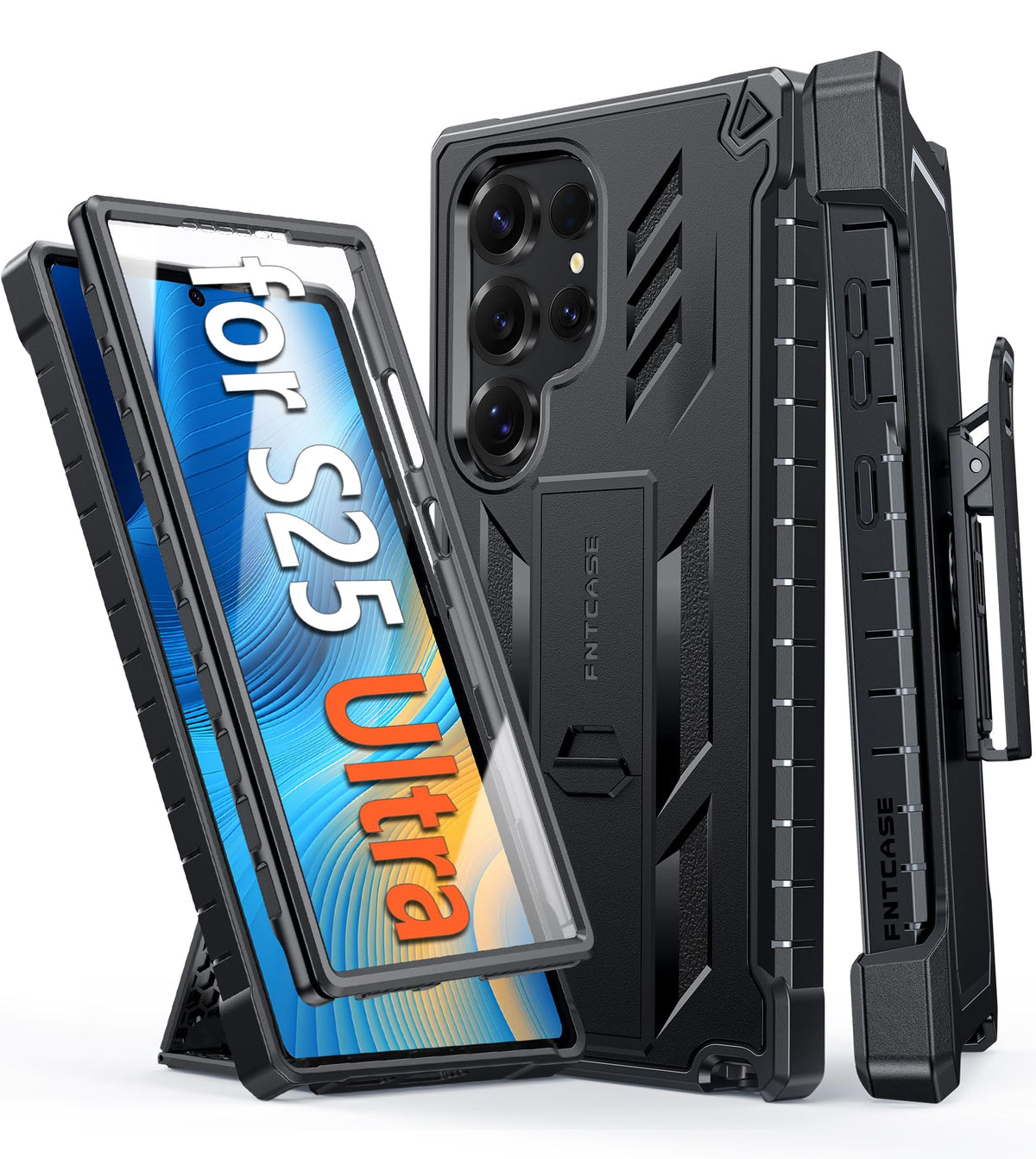 FNTCASE for Samsung Galaxy S25-FE Case with Belt Clip and Kickstand Black