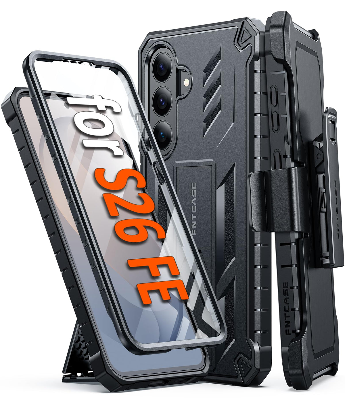 FNTCASE for Samsung Galaxy S25-FE Case with Belt Clip and Kickstand Black