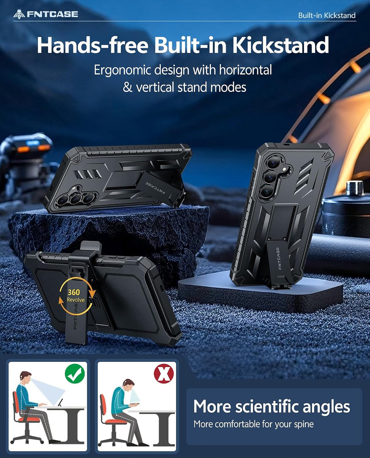 FNTCASE for Samsung Galaxy S25-FE Case with Belt Clip and Kickstand Black